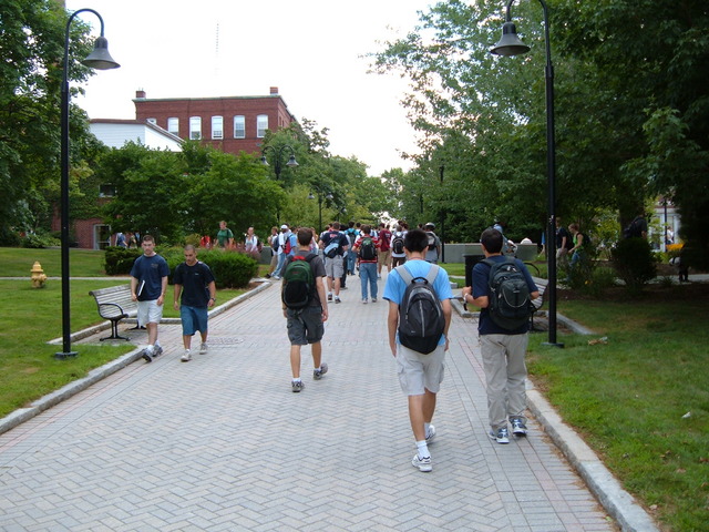 People walking back towards the dorms accross campus